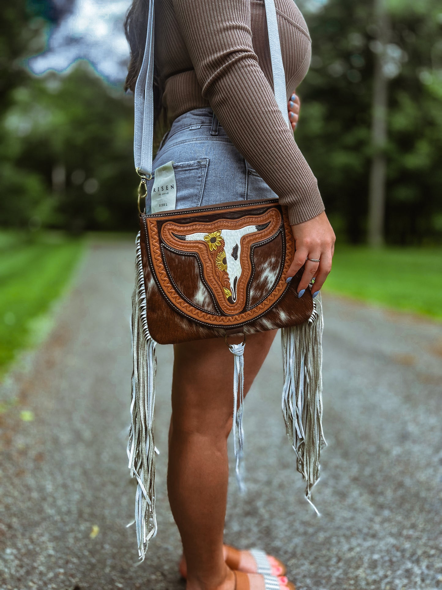 The Caroline Crossbody Steer Longhorn Cowhide