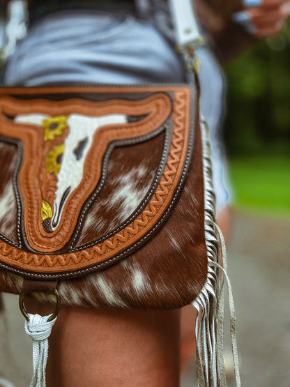 The Caroline Crossbody Steer Longhorn Cowhide