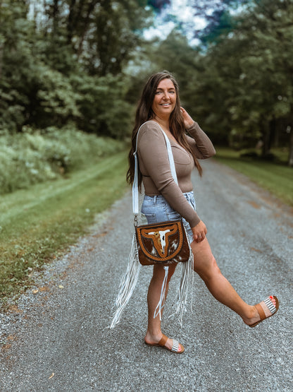 The Caroline Crossbody Steer Longhorn Cowhide