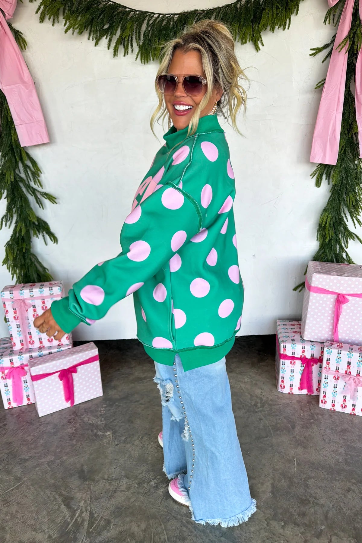 PREORDER- PEACE & POLKA DOT MOCK NECK PULLOVER