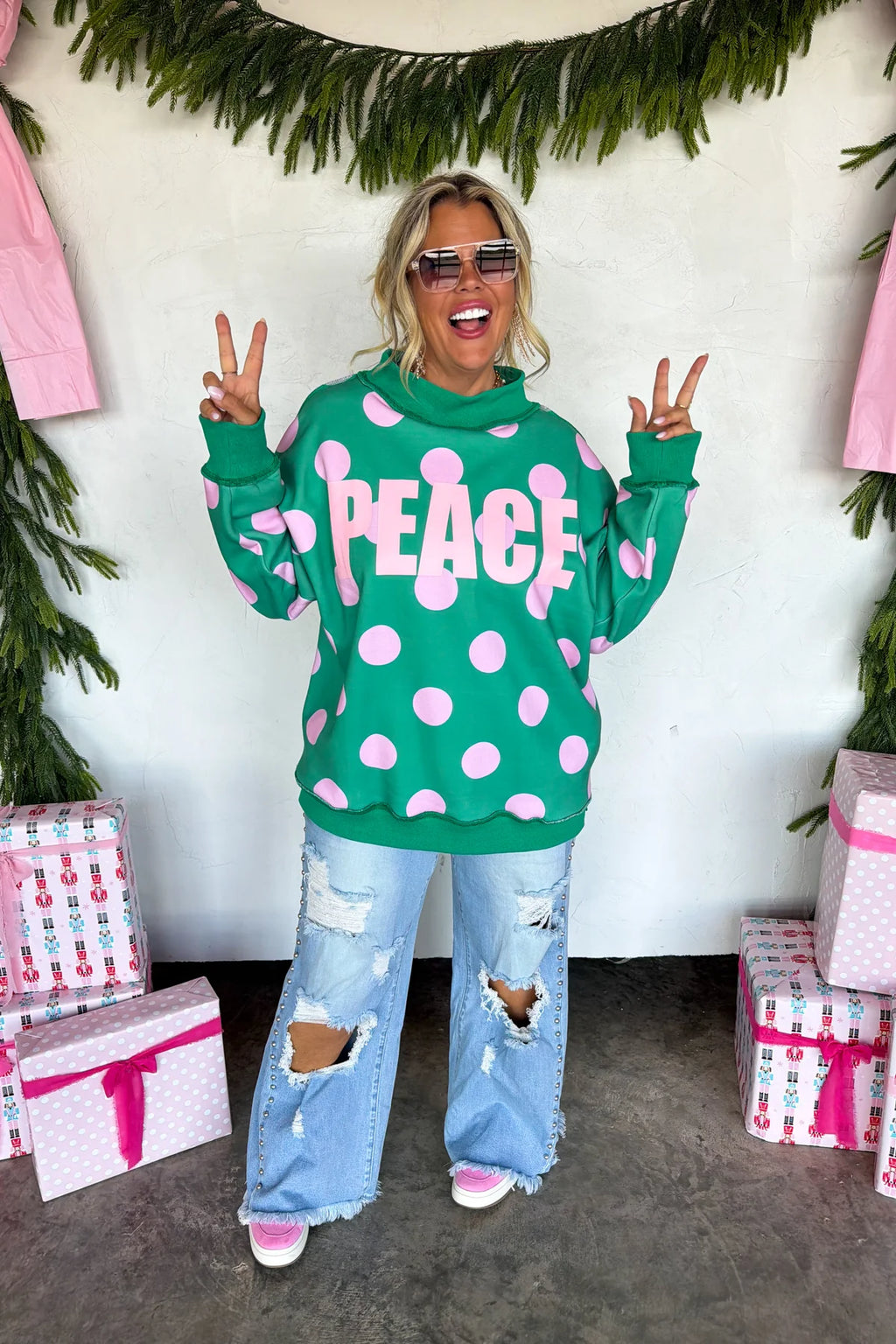 PREORDER- PEACE & POLKA DOT MOCK NECK PULLOVER