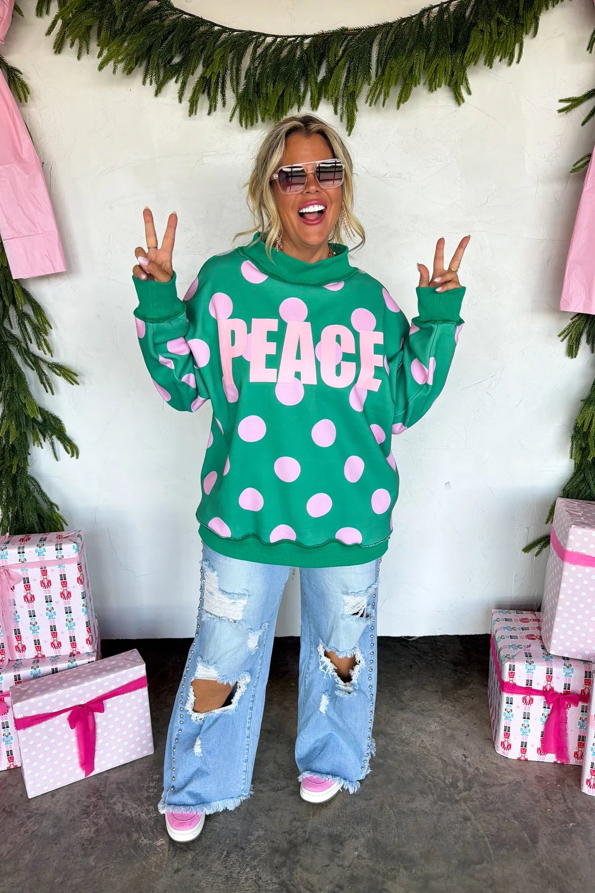 PREORDER- PEACE & POLKA DOT MOCK NECK PULLOVER
