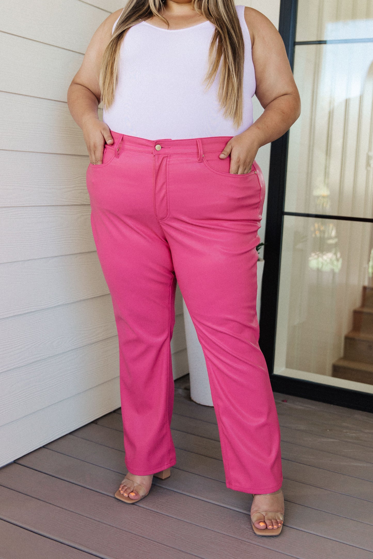 Judy Blue Faux Leather Pants in Hot Pink